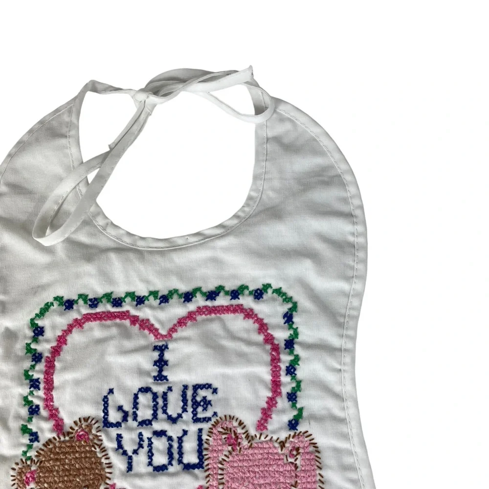 Vintage Handmade Cross Stitch Baby Bib Kitten Bunny Bear I Love You Tie-up Heart